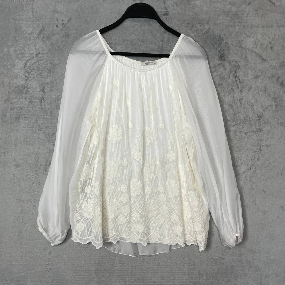 Viola‎ Borghi Italy Silk Embroidered Sheer Sleeve Peasant Blouse Medium White